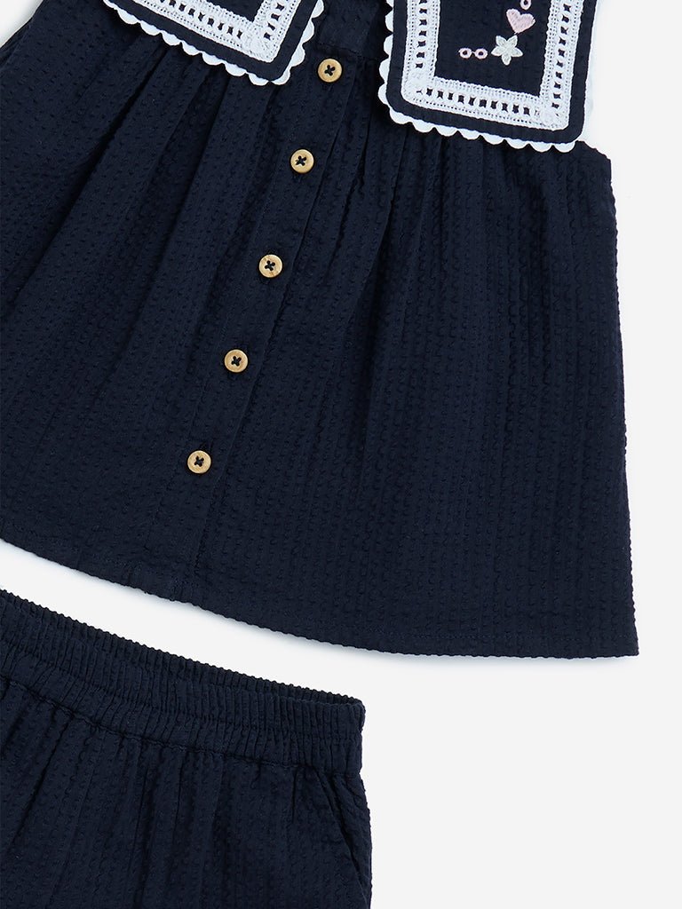 HOP Baby Navy Seersucker Textured Cotton Top and Shorts Set - Image 3