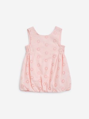 HOP Baby Pink Schiffli Embroidered Cotton A-Line Dress