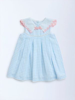 HOP Baby Blue Gingham Checkered Cotton A-Line Dress