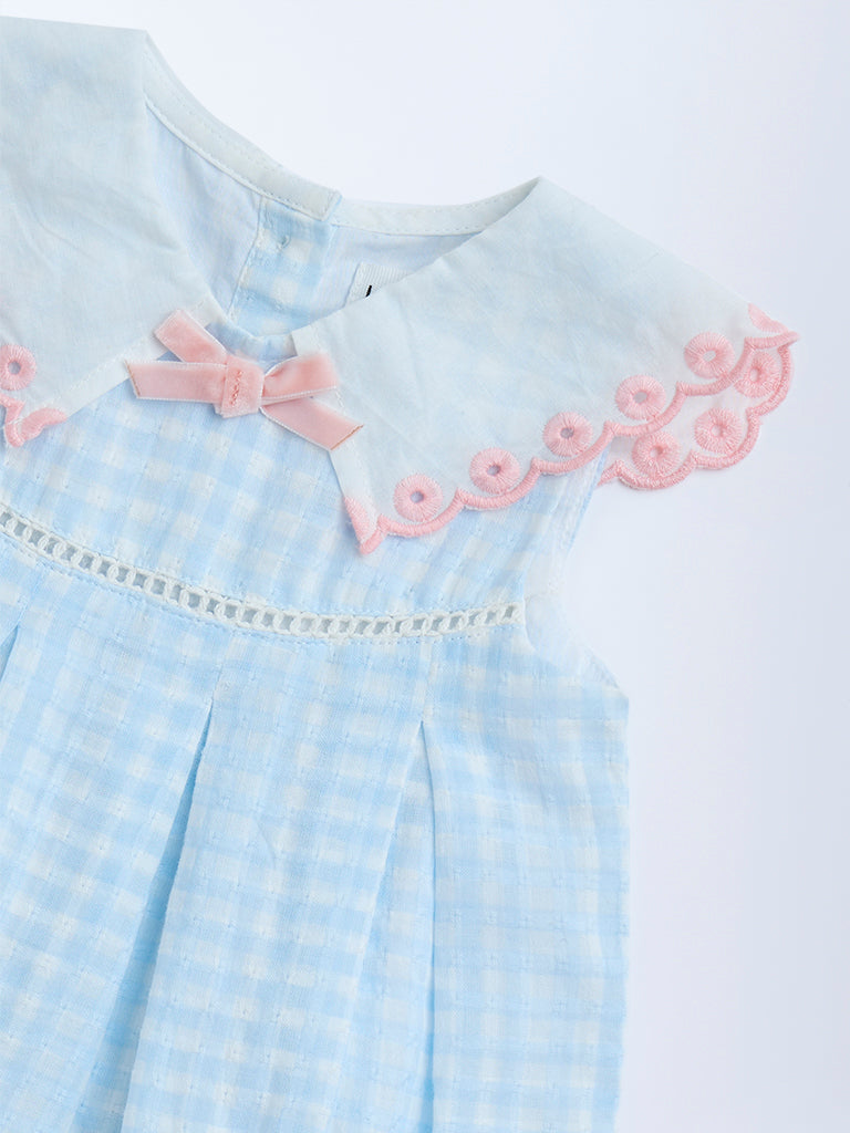 HOP Baby Blue Gingham Checkered Cotton A-Line Dress - Image 3