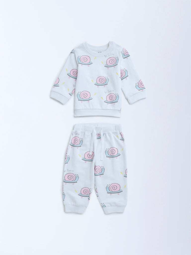 HOP Baby White Animal Printed Cotton T-Shirt and Joggers Set