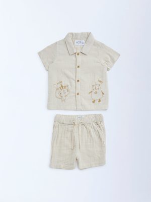 HOP Baby Beige Animal Design Cotton Shirt with Shorts Set