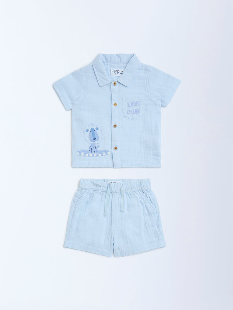 HOP Baby Light Blue Animal Design Cotton Shirt and Shorts Set - Image 2