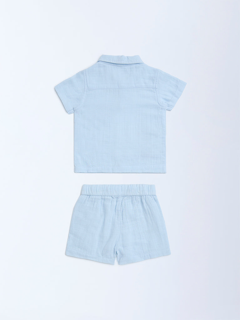 HOP Baby Light Blue Animal Design Cotton Shirt and Shorts Set - Image 3