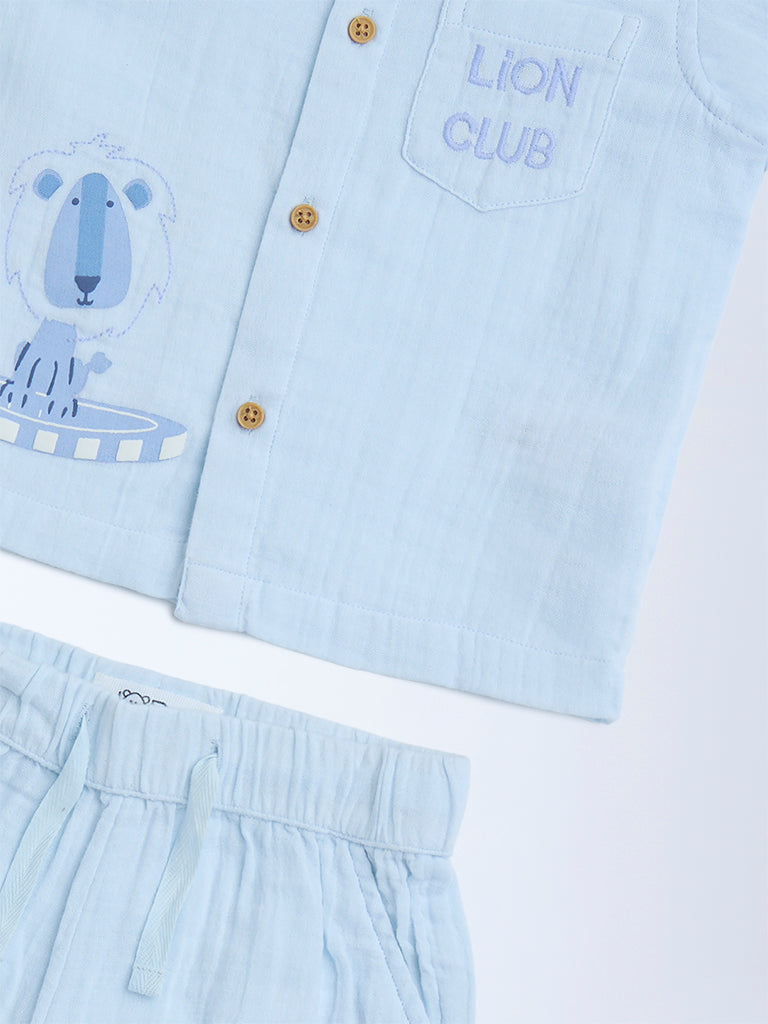 HOP Baby Light Blue Animal Design Cotton Shirt and Shorts Set - Image 4