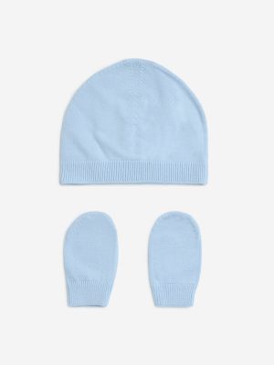 HOP Baby Blue Cotton Hat and Mitten Set
