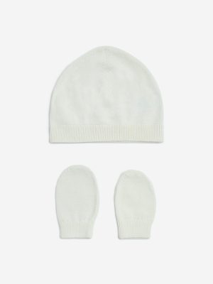 HOP Baby Off-White Cotton Hat and Mitten Set