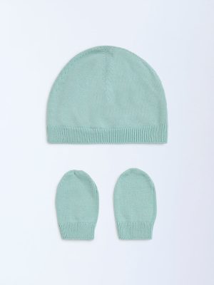 HOP Baby Sage Knitted Cotton Hat with Mitten Set