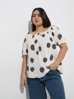 Gia Off-White Floral Detailed Cotton Top