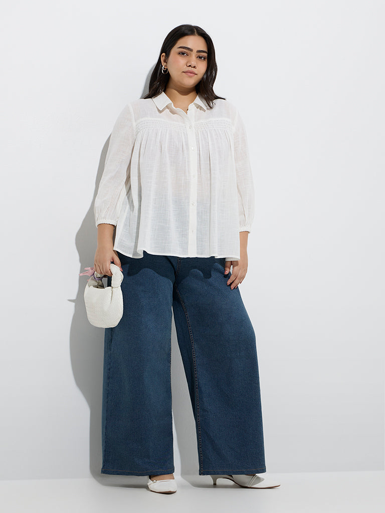 Gia White Solid Cotton-Blend Blouse