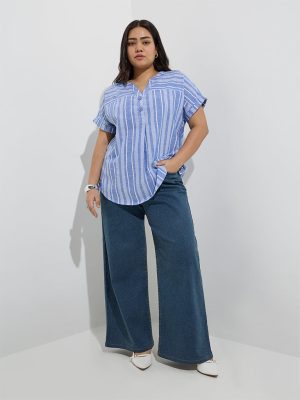 Gia Blue Stripe Printed Cotton-Blend Blouse