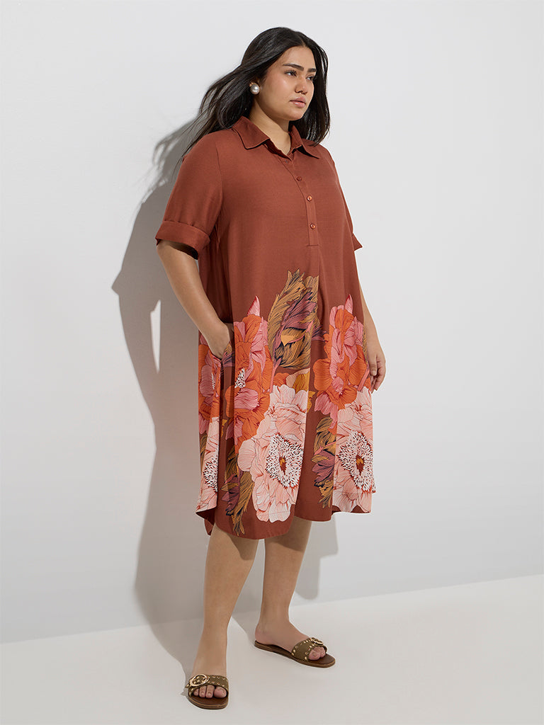 Gia Dark Orange Floral Detailed A-Line Dress