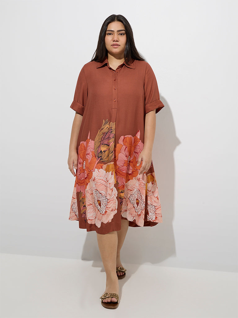 Gia Dark Orange Floral Detailed A-Line Dress - Image 2