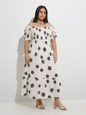Gia Off-White Floral Pattern Cotton A-Line Dress