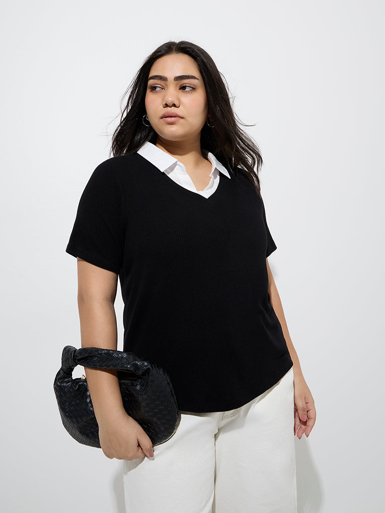 Gia Black Ribbed-Textured T-Shirt - Image 2