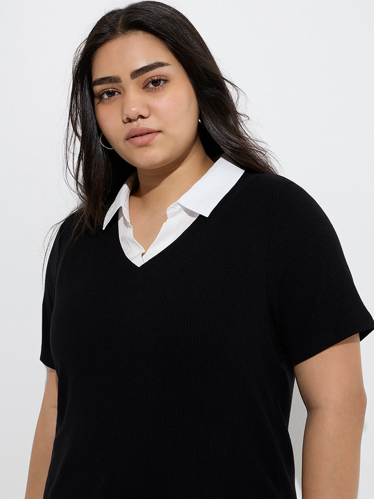 Gia Black Ribbed-Textured T-Shirt - Image 3