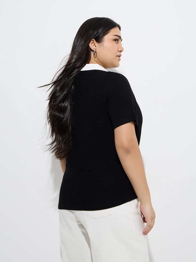 Gia Black Ribbed-Textured T-Shirt - Image 4