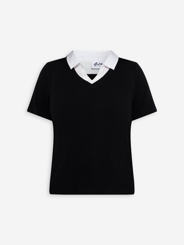 Gia Black Ribbed-Textured T-Shirt - Image 5