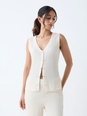 LOV Off-White Crinkle-Textured Vest Top