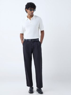 Ascot Black Relaxed-Fit Mid-Rise Cotton-Blend Trousers