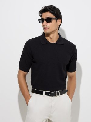 Ascot Black Self-Textured Relaxed-Fit Cotton-Blend T-Shirt