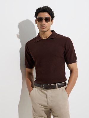 Ascot Dark Brown Textured Relaxed-Fit Cotton-Blend T-Shirt