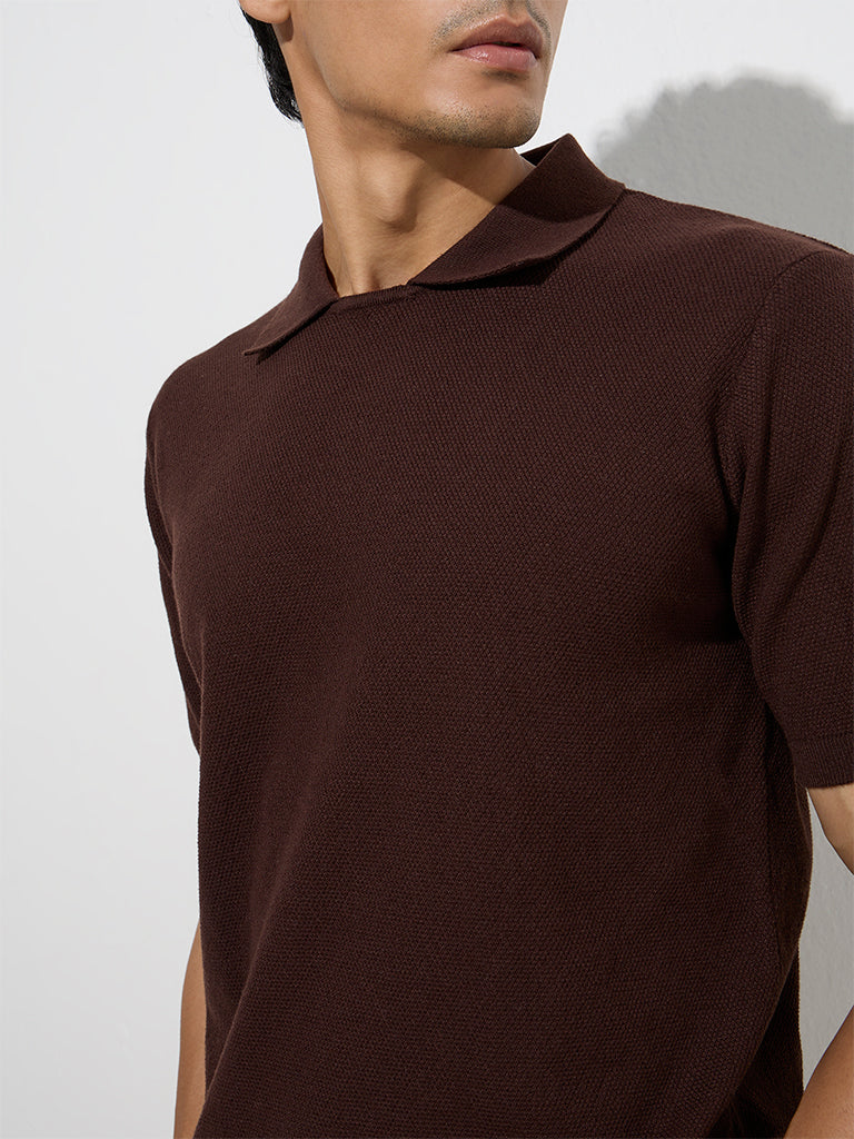 Ascot Dark Brown Textured Relaxed-Fit Cotton-Blend T-Shirt - Image 4