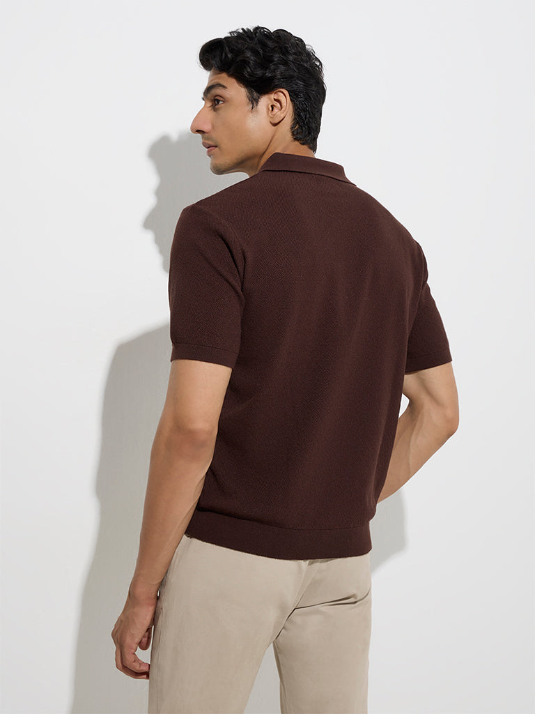 Ascot Dark Brown Textured Relaxed-Fit Cotton-Blend T-Shirt - Image 5