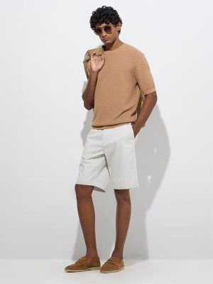 Ascot Taupe Knit-Textured Relaxed-Fit Cotton-Blend T-Shirt