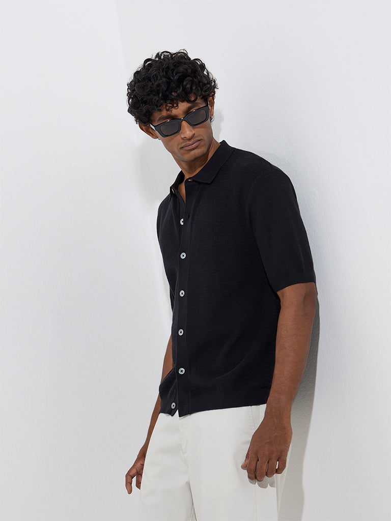 Ascot Black Knit-Textured Relaxed-Fit Cotton-Blend Shirt - Image 3