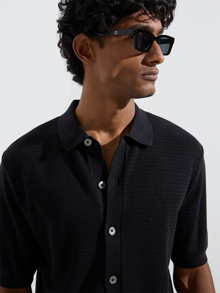 Ascot Black Knit-Textured Relaxed-Fit Cotton-Blend Shirt - Image 4