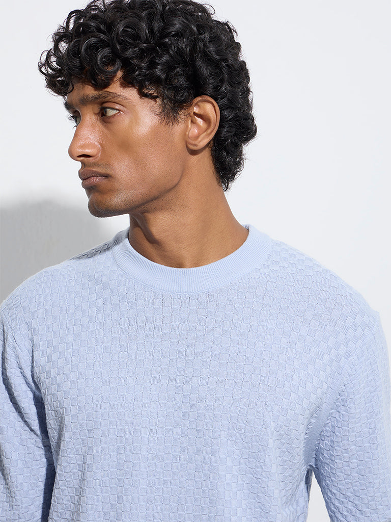 Ascot Light Blue Textured Relaxed-Fit Cotton-Blend T-Shirt - Image 3