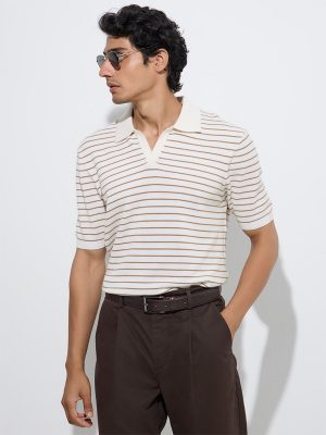 Ascot Taupe Stripe Relaxed-Fit Cotton-Blend Polo T-Shirt
