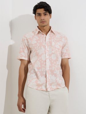 WES Casuals Pink Floral Design Relaxed-Fit Cotton Shirt