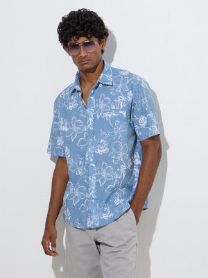 WES Casuals Blue Floral Design Relaxed-Fit Cotton Shirt