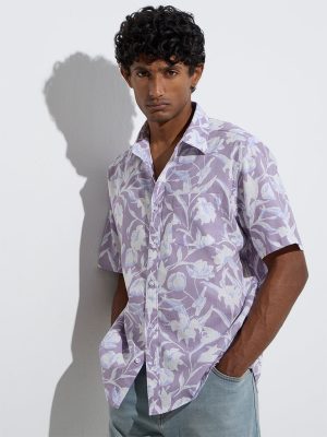 WES Casuals Lilac Floral Relaxed-Fit Cotton Shirt