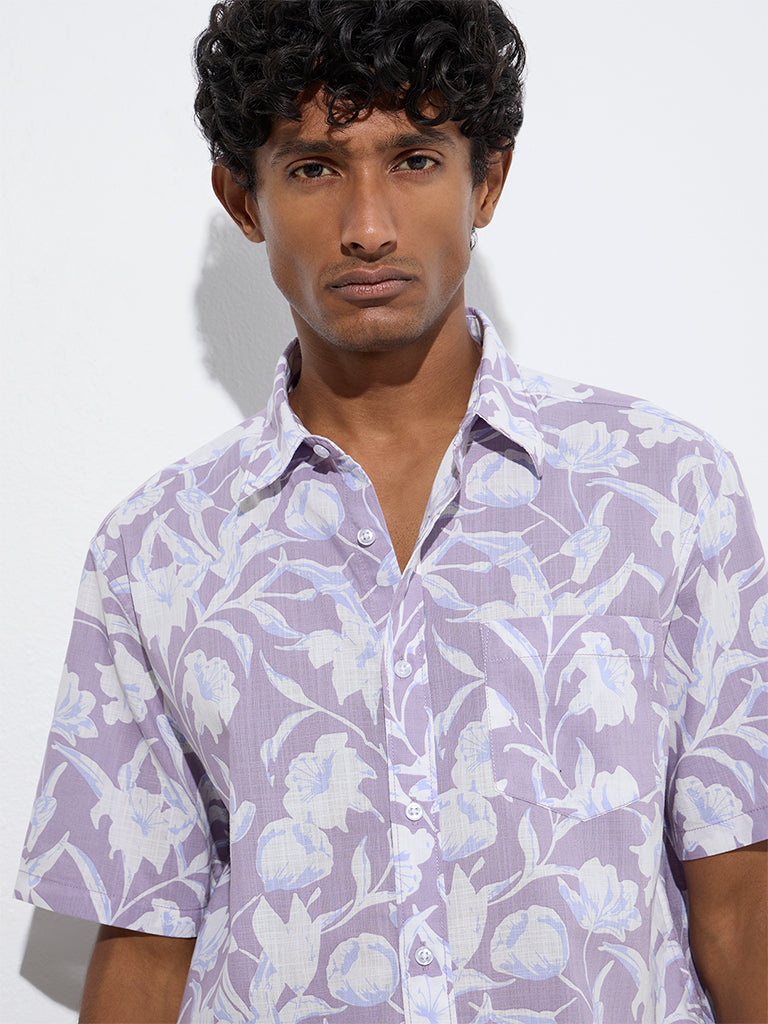 WES Casuals Lilac Floral Relaxed-Fit Cotton Shirt - Image 3