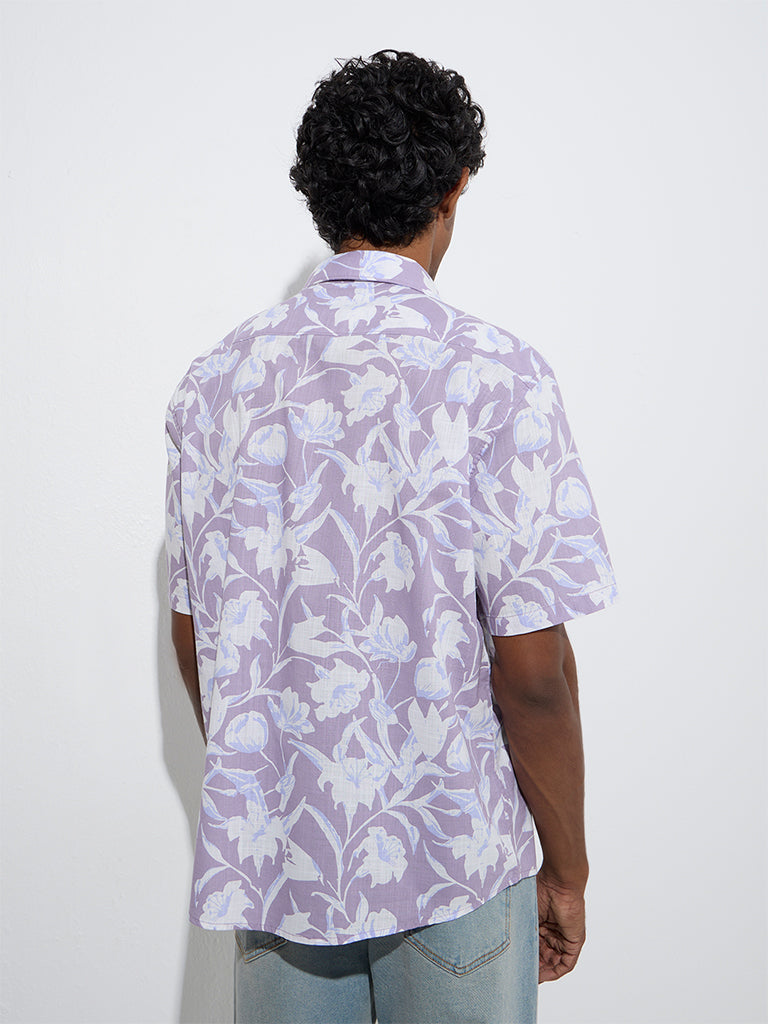 WES Casuals Lilac Floral Relaxed-Fit Cotton Shirt - Image 4