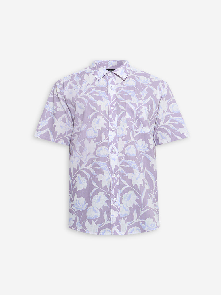 WES Casuals Lilac Floral Relaxed-Fit Cotton Shirt - Image 5