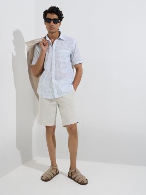 WES Casuals White Botanical Print Relaxed-Fit Cotton Shirt
