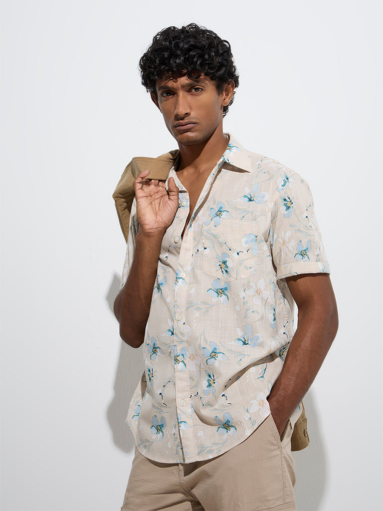 WES Casuals Beige Floral Patterned Relaxed-Fit Cotton Shirt
