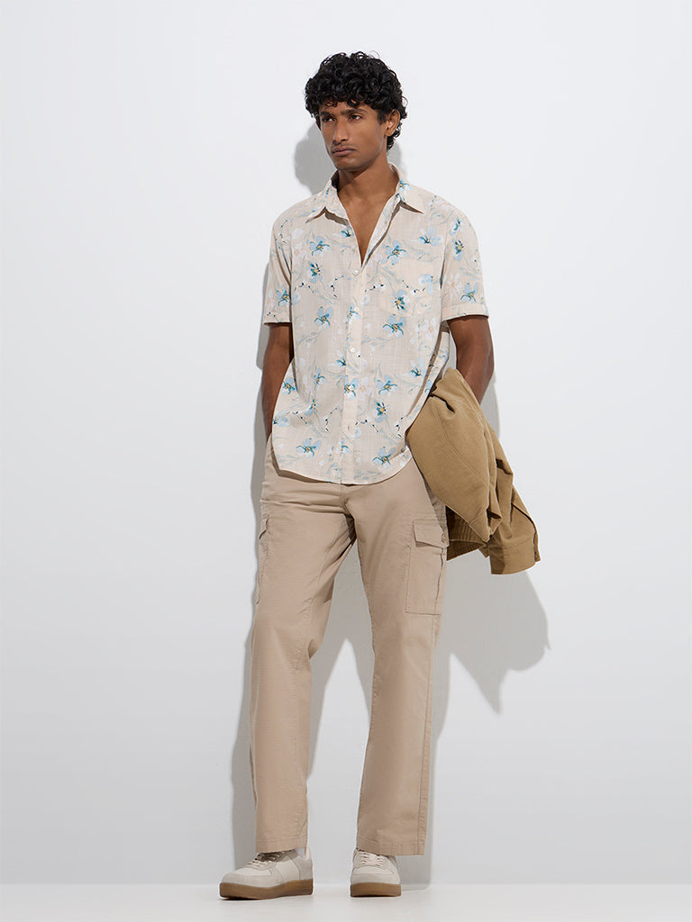 WES Casuals Beige Floral Patterned Relaxed-Fit Cotton Shirt - Image 2