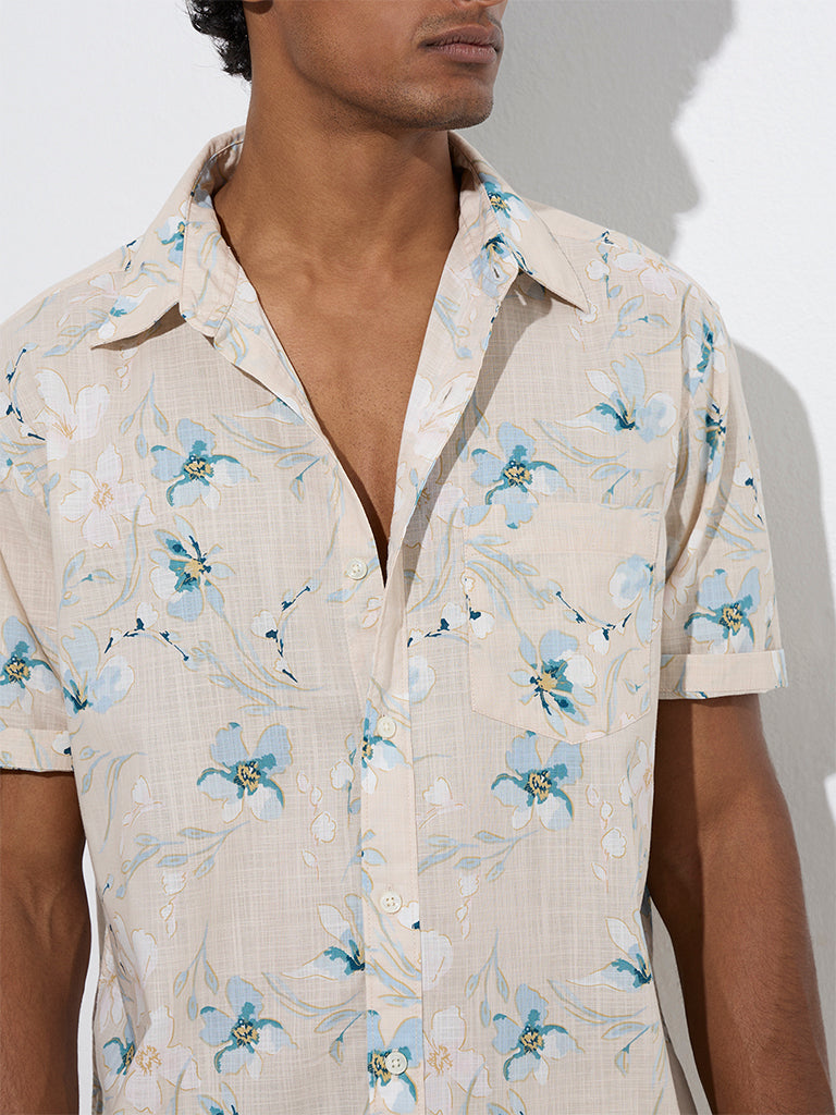 WES Casuals Beige Floral Patterned Relaxed-Fit Cotton Shirt - Image 3