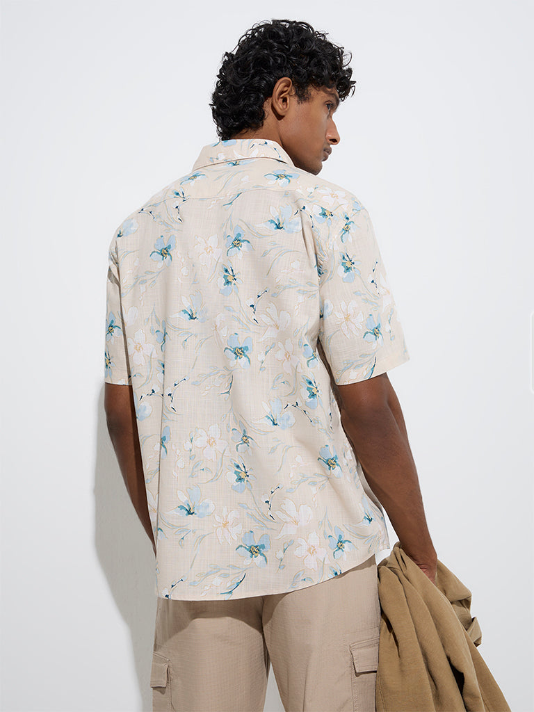 WES Casuals Beige Floral Patterned Relaxed-Fit Cotton Shirt - Image 4
