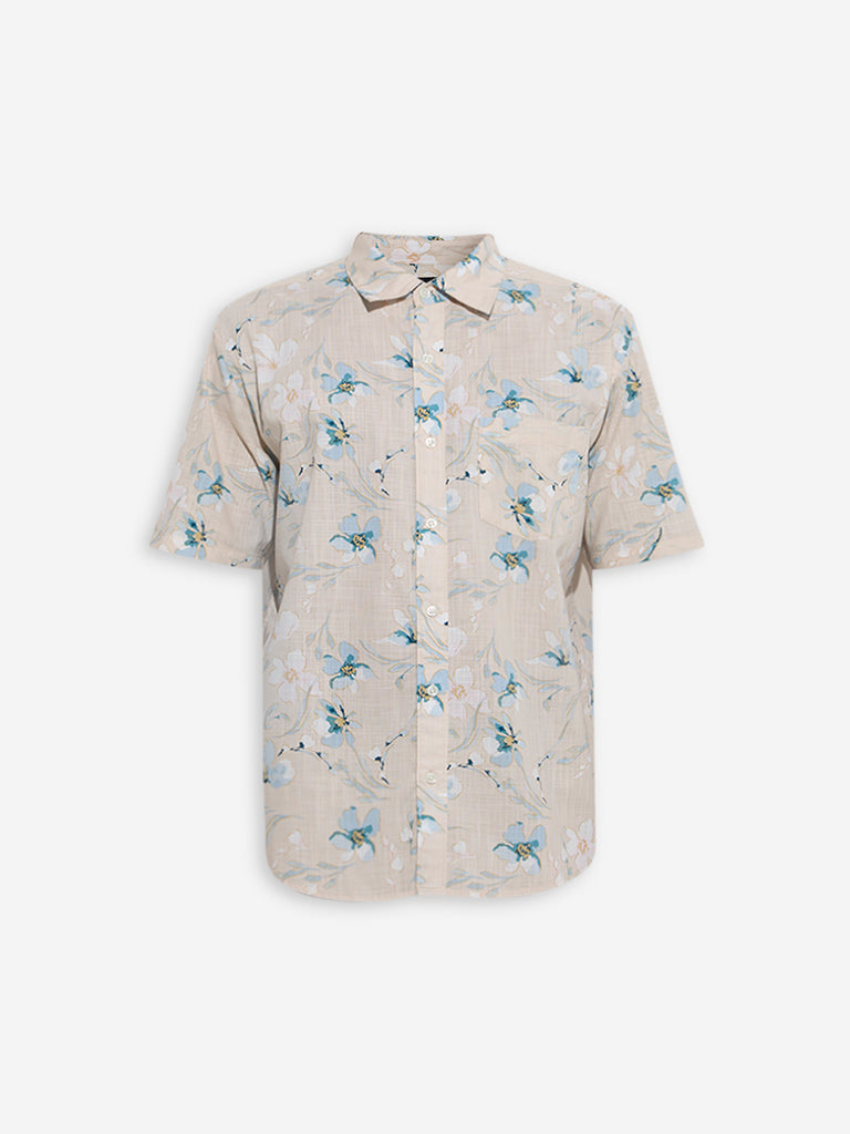 WES Casuals Beige Floral Patterned Relaxed-Fit Cotton Shirt - Image 5