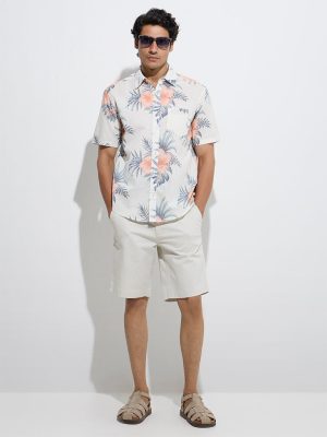 WES Casuals White Floral Detailed Relaxed-Fit Cotton Shirt