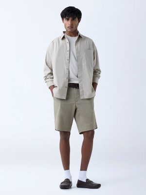 WES Casuals Beige Solid Relaxed-Fit Cotton Shirt