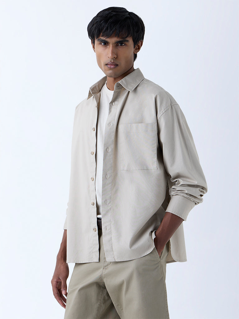 WES Casuals Beige Solid Relaxed-Fit Cotton Shirt - Image 3