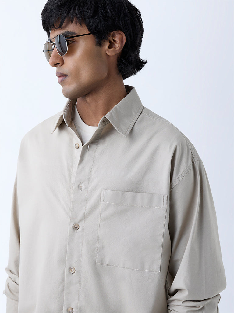 WES Casuals Beige Solid Relaxed-Fit Cotton Shirt - Image 4