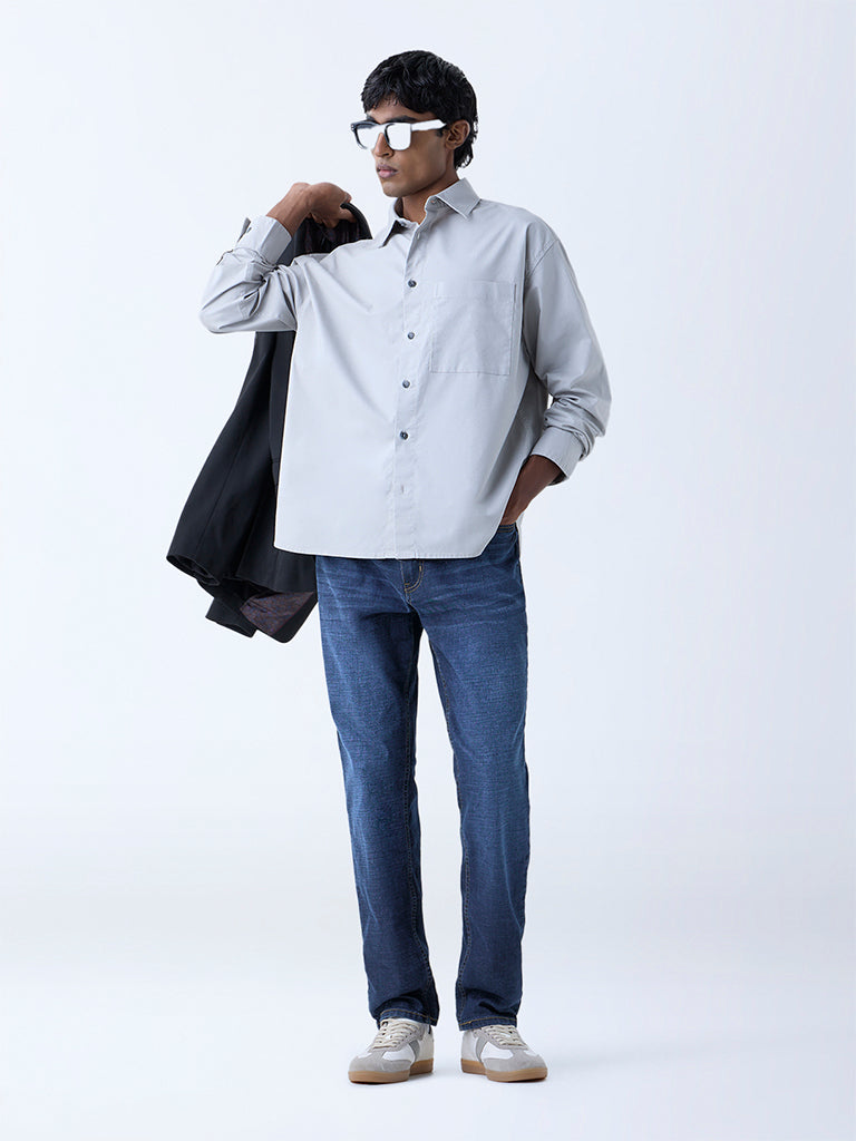 WES Casuals Grey Solid Relaxed-Fit Cotton Shirt